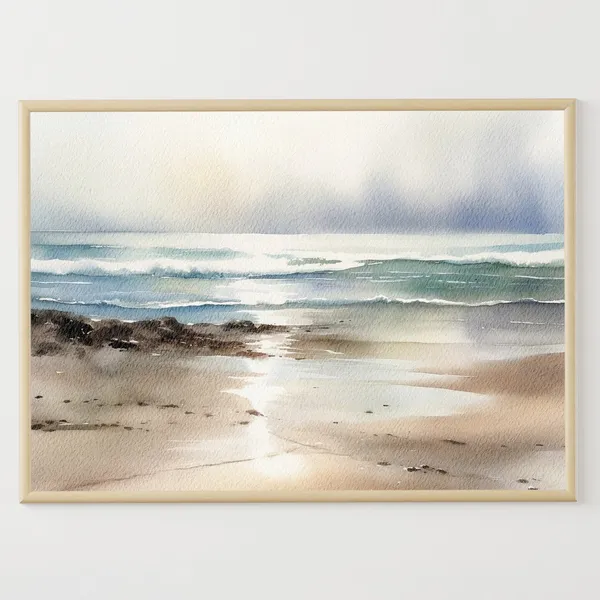 Ocean Beach Seascape Watercolor Art Print, Nautical