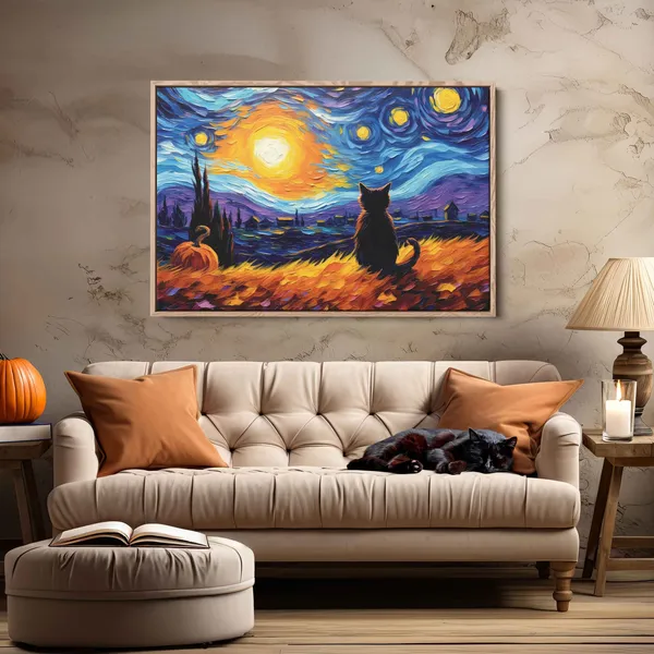 Black Cat Halloween, Van Gogh-Inspired Art Print