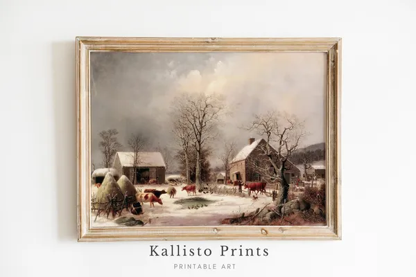 Vintage Winter Farm Landscape, Rustic Christmas Art Print