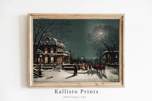 Victorian Christmas Gathering Art Print, Vintage Winter Scene