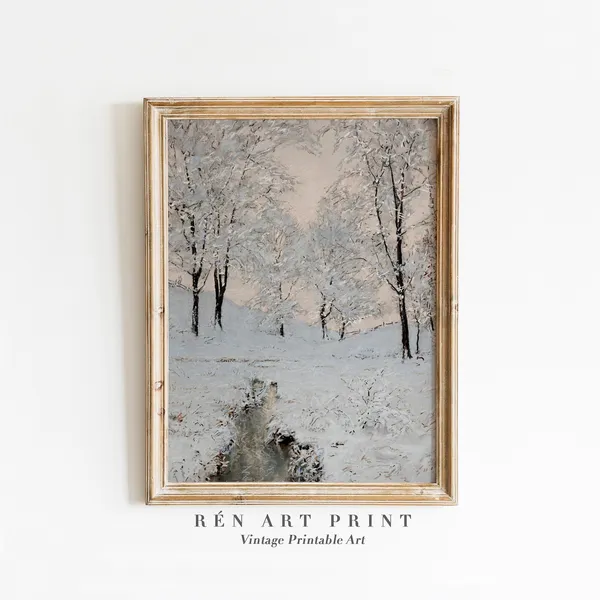 Vintage Winter Landscape Art Print, Farmhouse Christmas