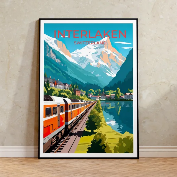 Switzerland Travel Poster, Interlaken Mountain Art