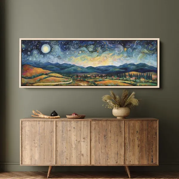 Starry Night Landscape Panoramic Art Print, Van Gogh-Inspired