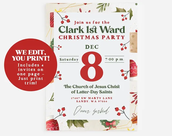 LDS Christmas Party Invite Poster, Holiday Event