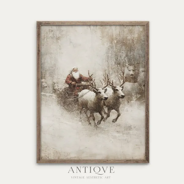 Santa Claus on Sled Reindeers, Rustic Christmas Art Print