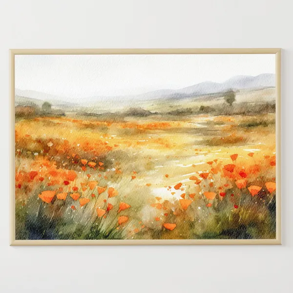 California Poppy Watercolor Art Print, California Valley