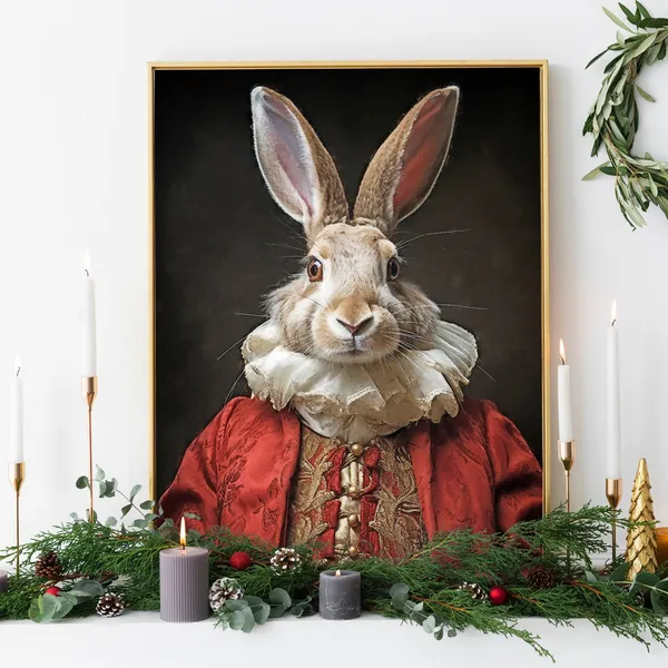 Christmas Rabbit Vintage Portrait, Renaissance Animal Art Print