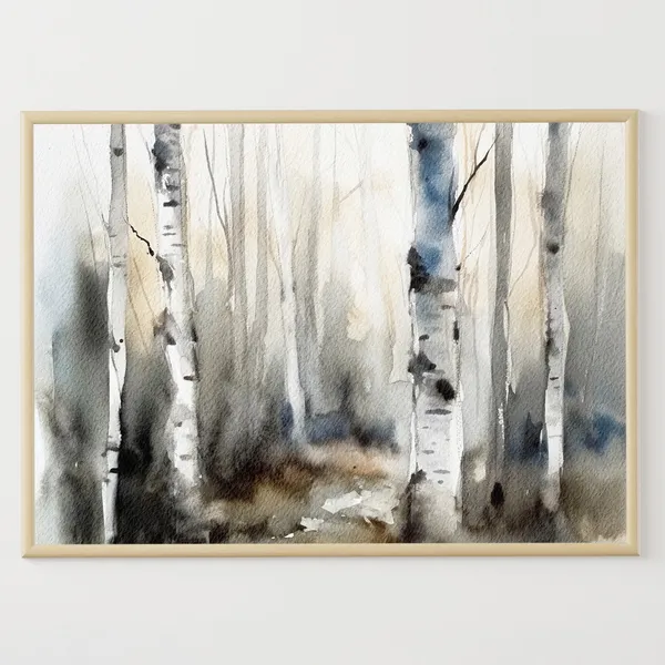 Birch Trees Watercolor Art Print, Misty Forest Landscape