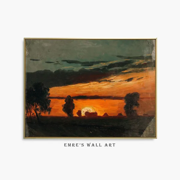 Vintage Sunset Landscape Oil Painting Art Print