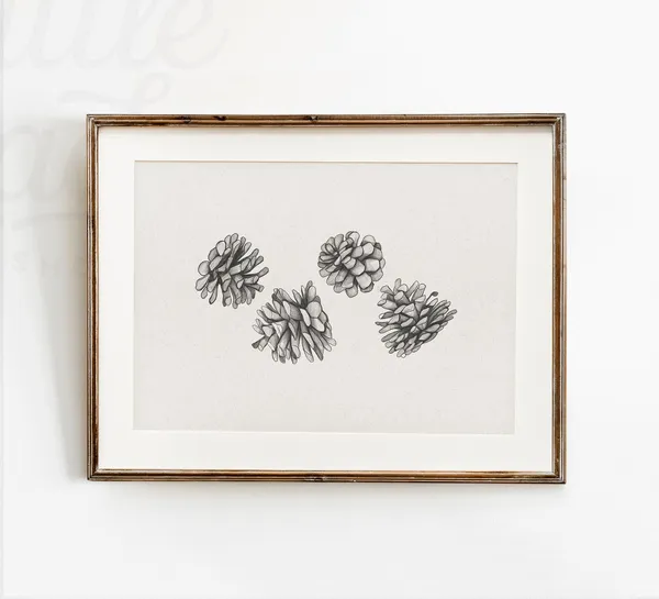 Pinecone Sketch Winter Art Print, Rustic Christmas Decor