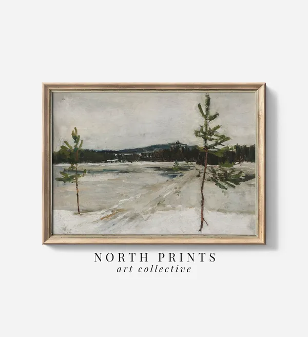 Rustic Winter Landscape Art Print, Moody Holiday Decor