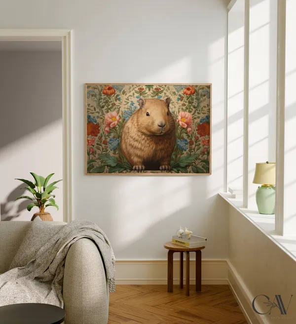 William Morris Inspired Capybara Art Print, Rustic Farmhouse