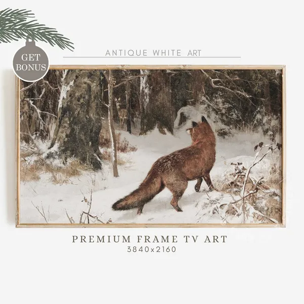 Rustic Vintage Fox In Winter Scene, Holiday Art Print