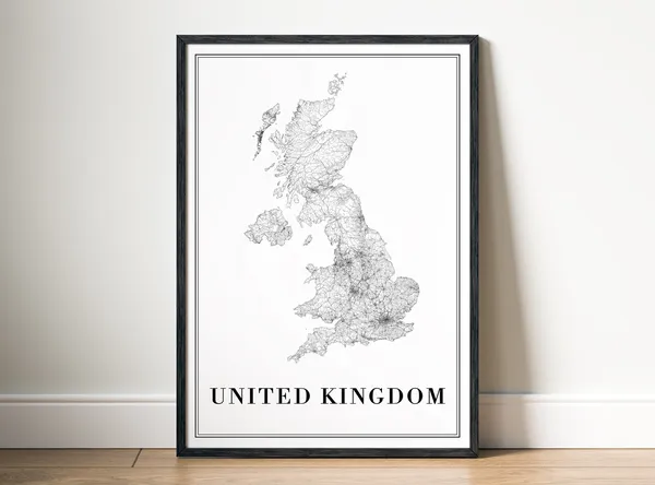 United Kingdom Map, Black And White Travel Poster