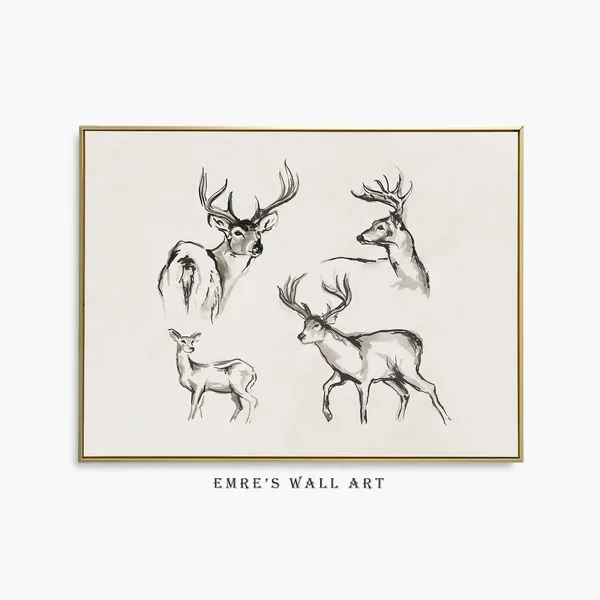 Antique Rustic Deer Sketch Vintage Christmas Art Print