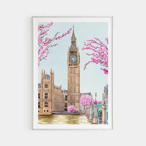 London Watercolor Art Print, Big Ben Cityscape