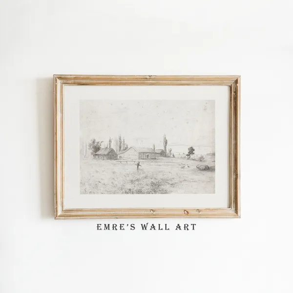 Vintage Farmhouse Landscape Sketch Art Print