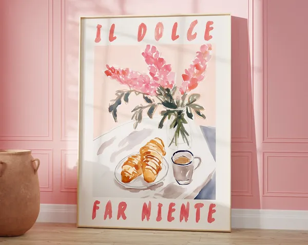 Dolce Far Niente Coffee Croissant Art Print, Italy Lover