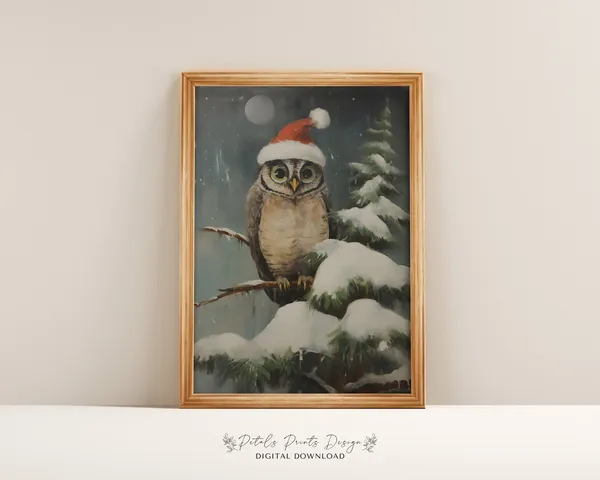 Rustic Christmas Owl Vintage Holiday Art Print