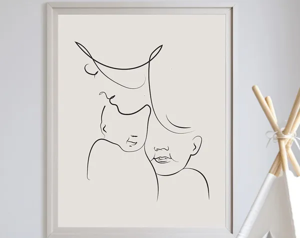 Mother With Two Kids Line Art, Nursery Decor