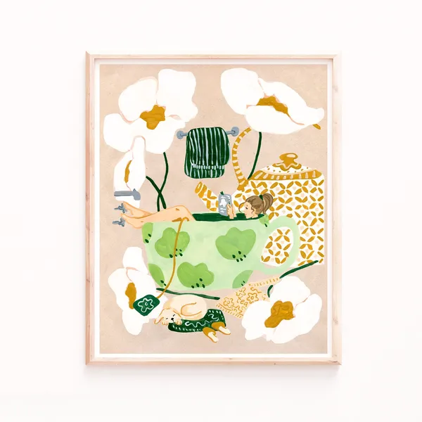 Tea Bath Art Print, Neutral Floral Bathroom Decor