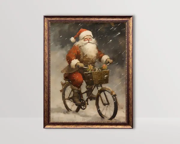 Santa on a Bike, Rustic Vintage Christmas Art Print
