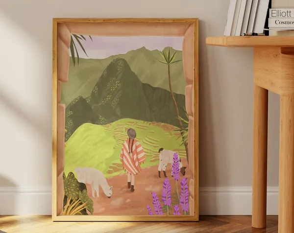 Machu Picchu Peru Travel Poster, Woman and Llamas