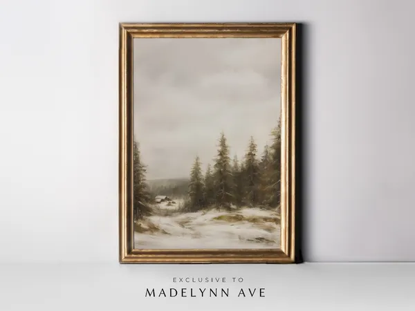 Winter Pine Forest Christmas Art Print, Rustic Landscape