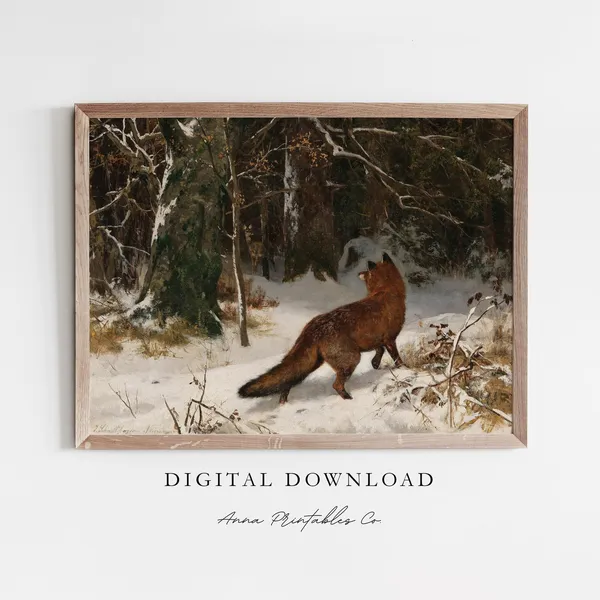 Fox Hunting in a Snowy Forest Vintage Art Print