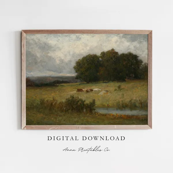 Grazing Cattle Vintage Pastoral Landscape Art Print