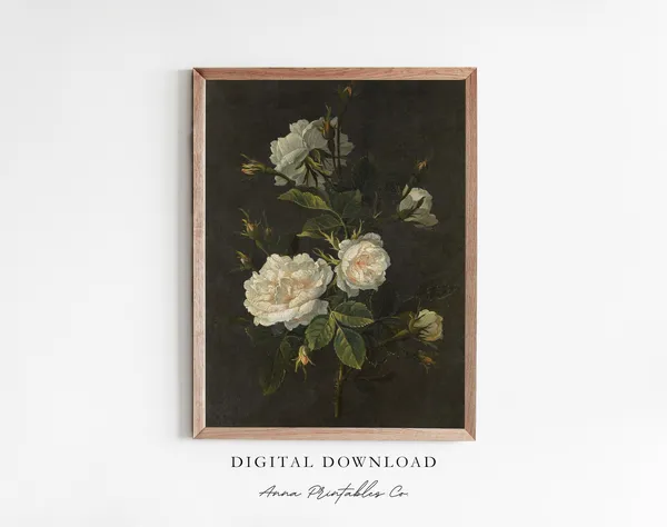 Still Life X Antique White Rose, Moody Vintage Art Print