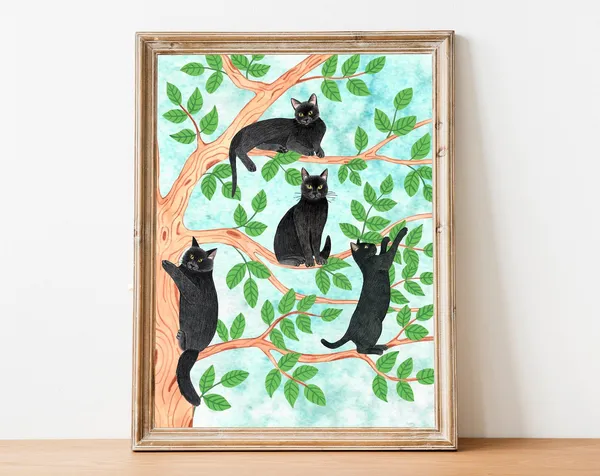 Black Cat Kitten Illustration Art Print