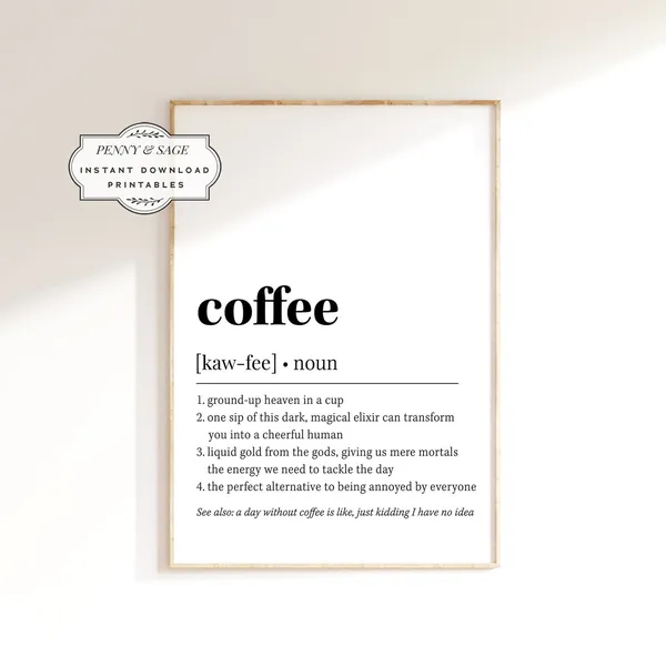 Coffee Definition Quote Decor, Coffee Bar Art Print