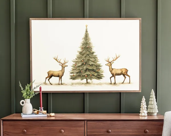 Christmas Tree and Reindeer Holiday Art Print