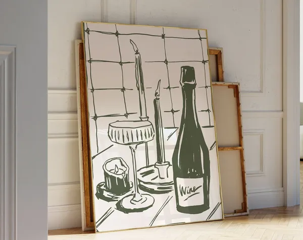 Green Hand Drawn Cocktail Print, Retro Minimalist Decor