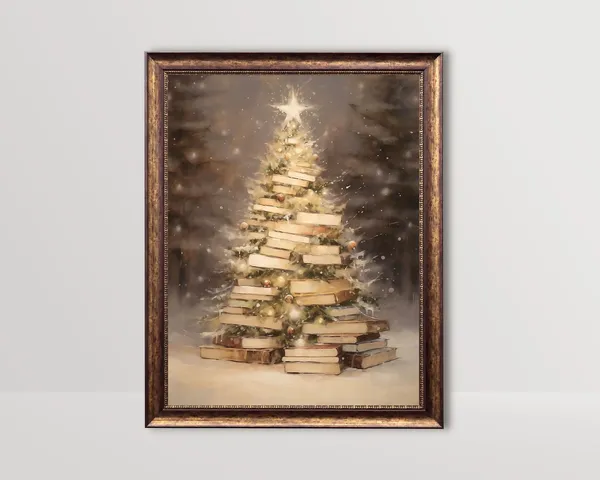 Christmas Tree Of Books, Vintage Holiday Art Print