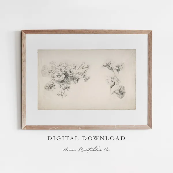 Flower Sketch Antique Floral Drawing, Rustic Farmhouse