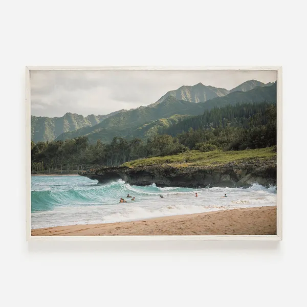 Hawaii Beach Scenery Surfers In Ocean Art Print