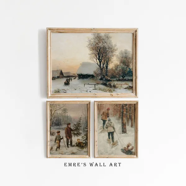 Vintage Winter Landscape Prints, Rustic Holiday Decor
