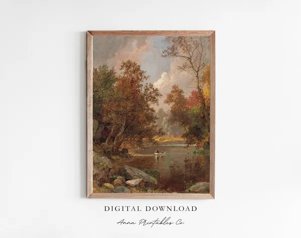 Vintage Autumn Landscape Painting, Farmhouse Art Print