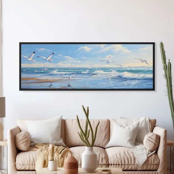 Blue Beach Ocean Waves and Seagulls Panoramic Art Print