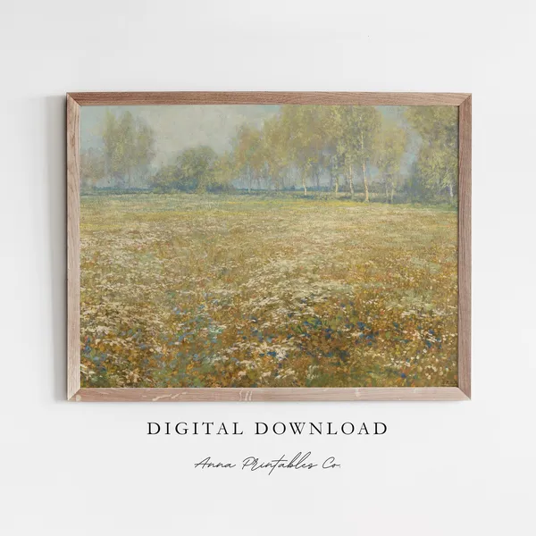 Antique Oil Painting Field Of Flowers, Vintage Art Print