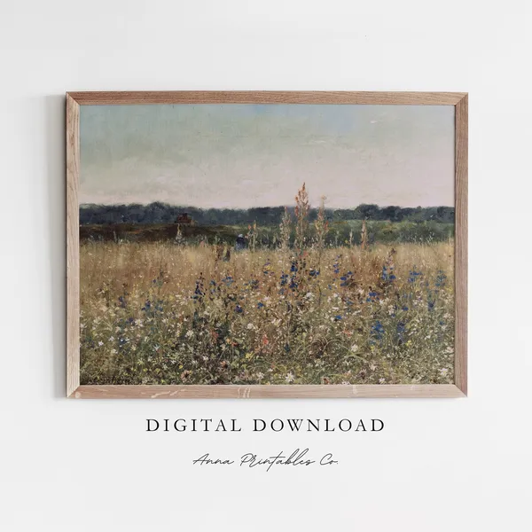 Blue Flowers in a Golden Field, Cottagecore Art Print