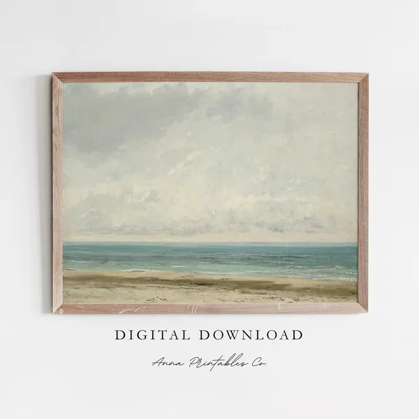 Blue Green Shores Antique Seascape, Vintage Coastal Art Print