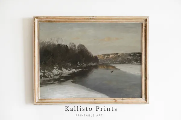 Tranquil Winter River Scene Art Print, Rustic Holiday