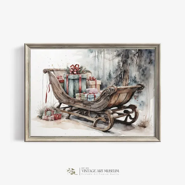 Vintage Christmas Sleigh Watercolor Art Print