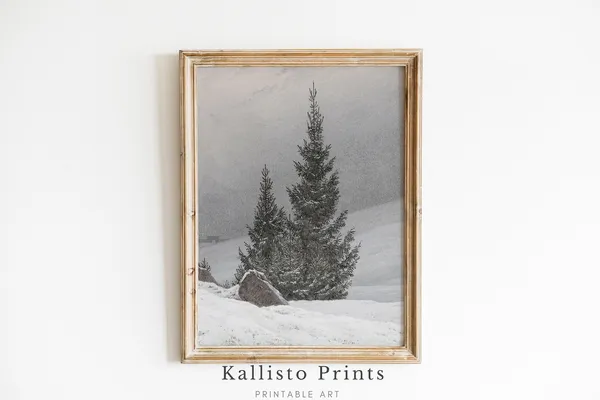 Snowcovered Pine Tree Art Print, Minimalist Winter Landscape