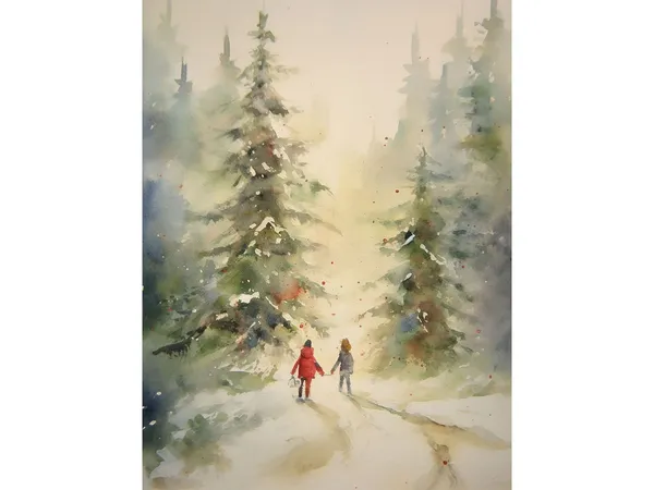 Christmas Painting Two Sisters Winter Forest Art Print