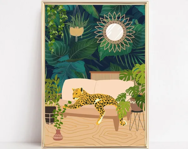 Leopard and Plants Animal Art Print, Big Cat