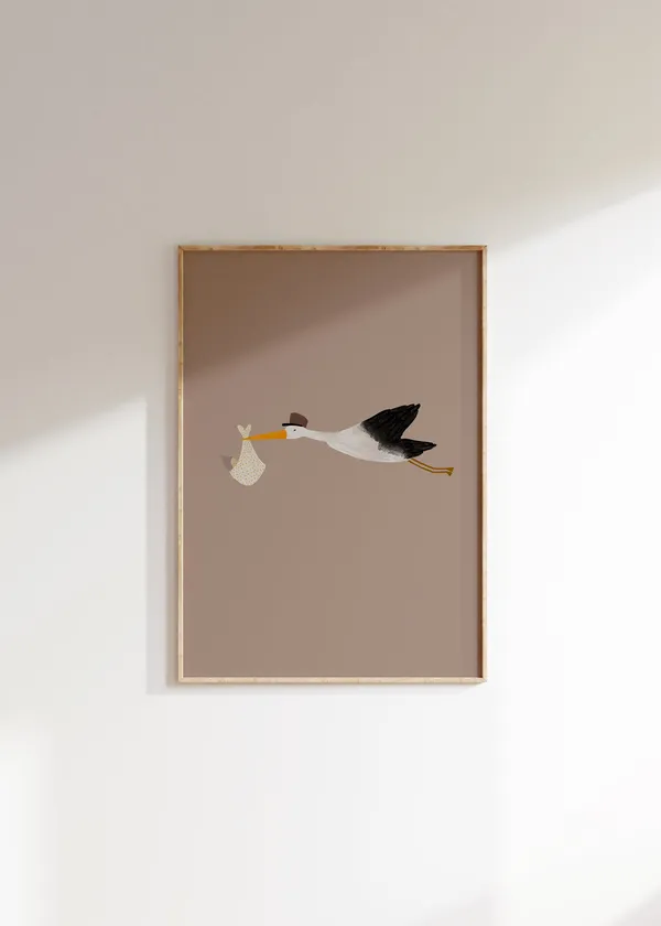 Stork With Baby Minimalist Nursery Art Print